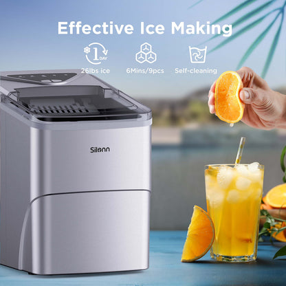 Silonn Countertop Ice Maker with 2.5L Expandable Ice Basket, 26.5lbs/24H, 9 Cubes in 6 Mins, 2 Ice Sizes, Self-Cleaning & LED Touch Control for Home Kitchen Office