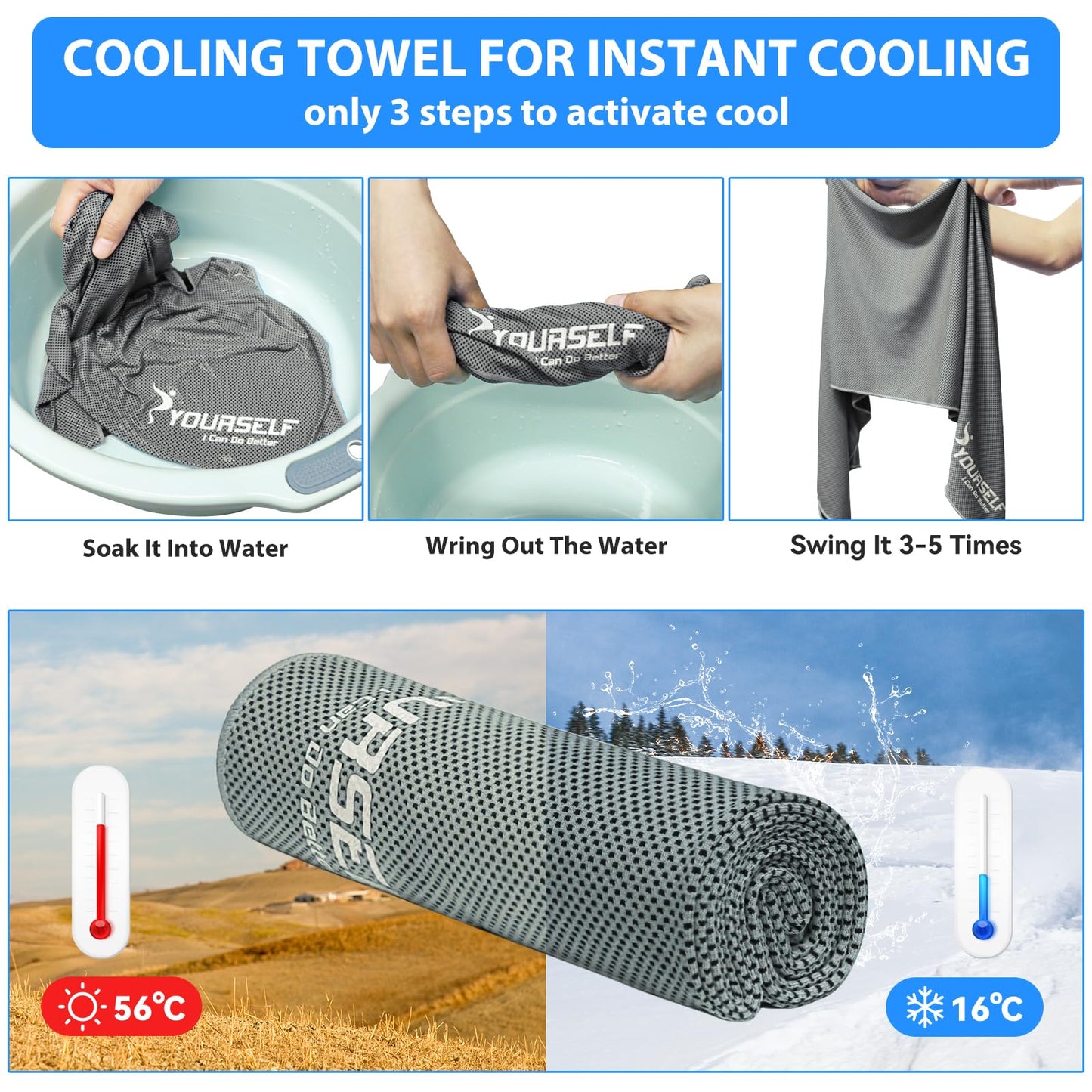 SYOURSELF Cooling Towels for Neck and Face, 4 Pack 40" x 12" Cooling Towel for Hot Weather, Soft Breathable Instant Cool Chilly Pad for Sports Golf Yoga Gym Athletes Camping Ice Towels(Mix-4pcs)