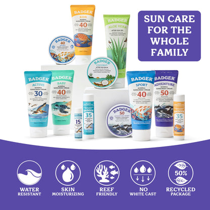 Badger Reef Safe Mineral Sunscreen, SPF 50, 98% Organic with Zinc Oxide, Non Toxic, Water Resistant, Unscented & Hypoallergenic, Broad - Spectrum, For Adventure & Sport, 2.9 fl oz