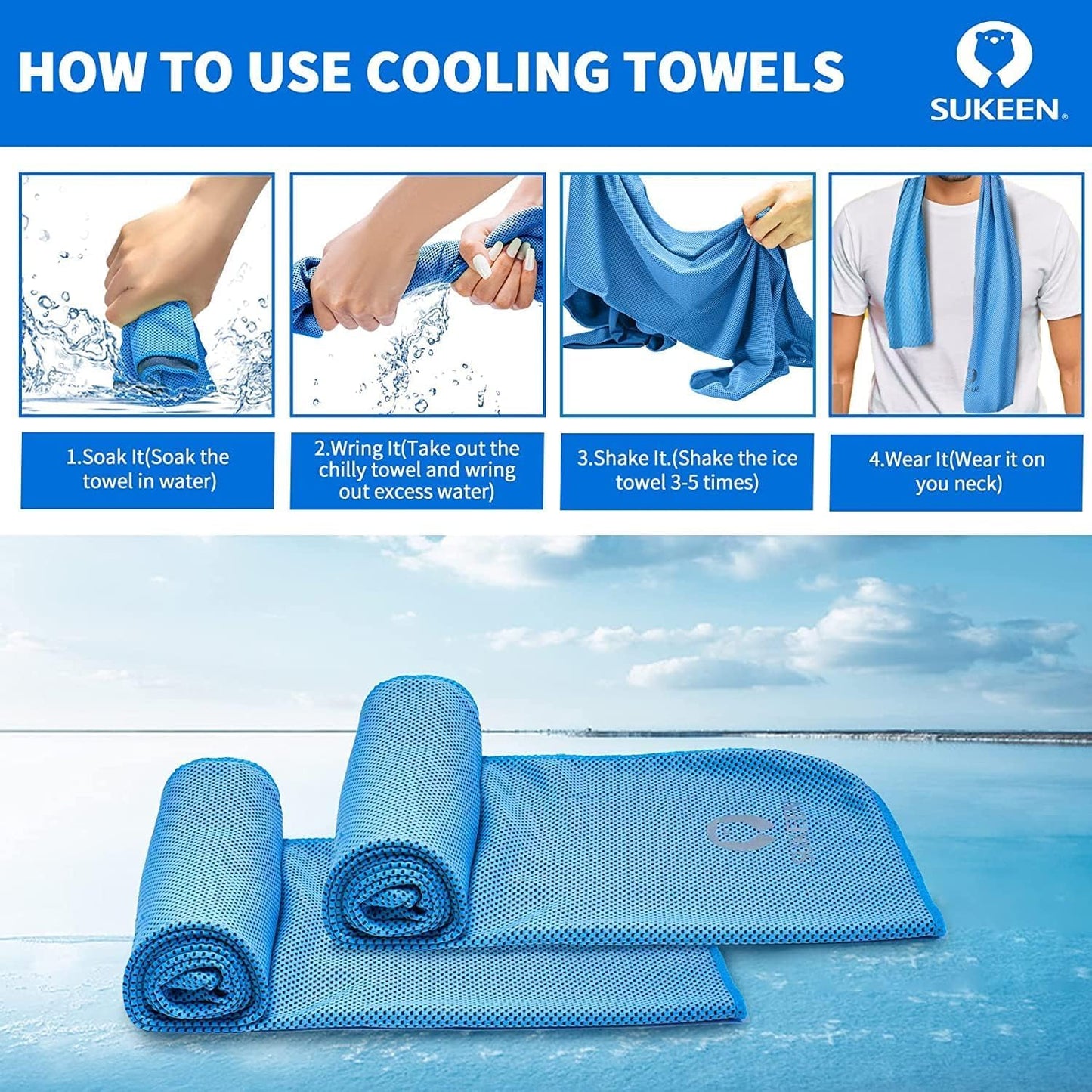 Sukeen 4 Pack Cooling Towels (40"x12") for Neck and Face, Cooling Neck Wraps, Breathable Cooling Towel for Hot Weather, Sweat Towels for Yoga, Sports, Golf, Gym, Camping, Running, Fitness, Workout
