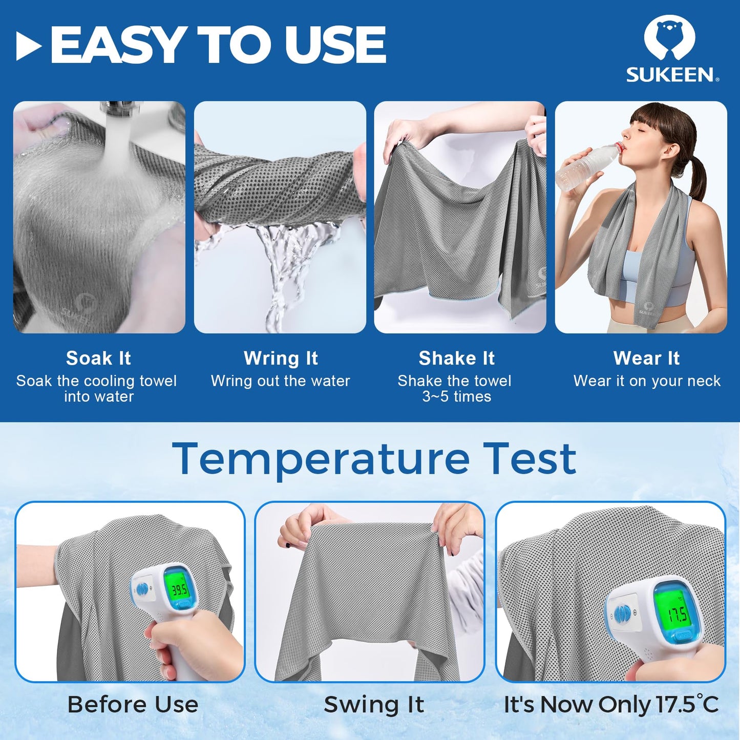 Sukeen Cooling Towels 6 Pack (40"x12"), Cooling Towels for Neck and Face, Quick Dry Sport Camping Cooling Towel, Cold Towel for Hot Weather