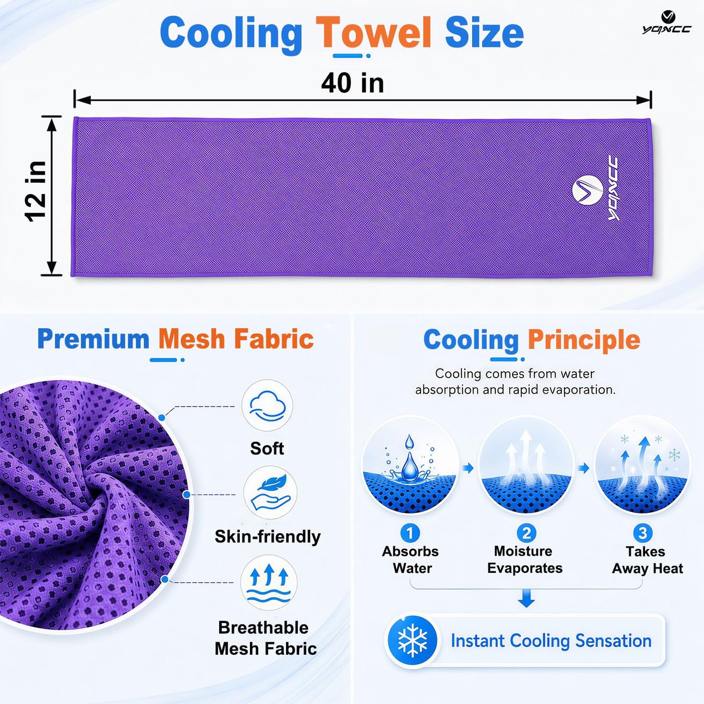 YQXCC 4 Pack Cooling Towels (40"x12"), Cool Neck Towel, Soft Breathable Microfiber for Gym, Yoga, Golf, Running, Camping & Summer Outdoor Activities