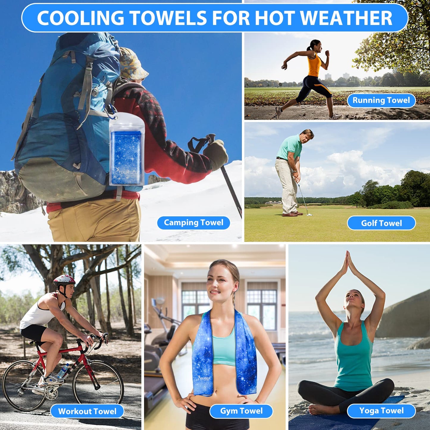 SYOURSELF Cooling Towels for Neck and Face, 4 Pack 40" x 12" Cooling Towel for Hot Weather, Soft Breathable Instant Cool Chilly Pad for Sports Golf Yoga Gym Athletes Camping Ice Towels(Mix-4pcs)