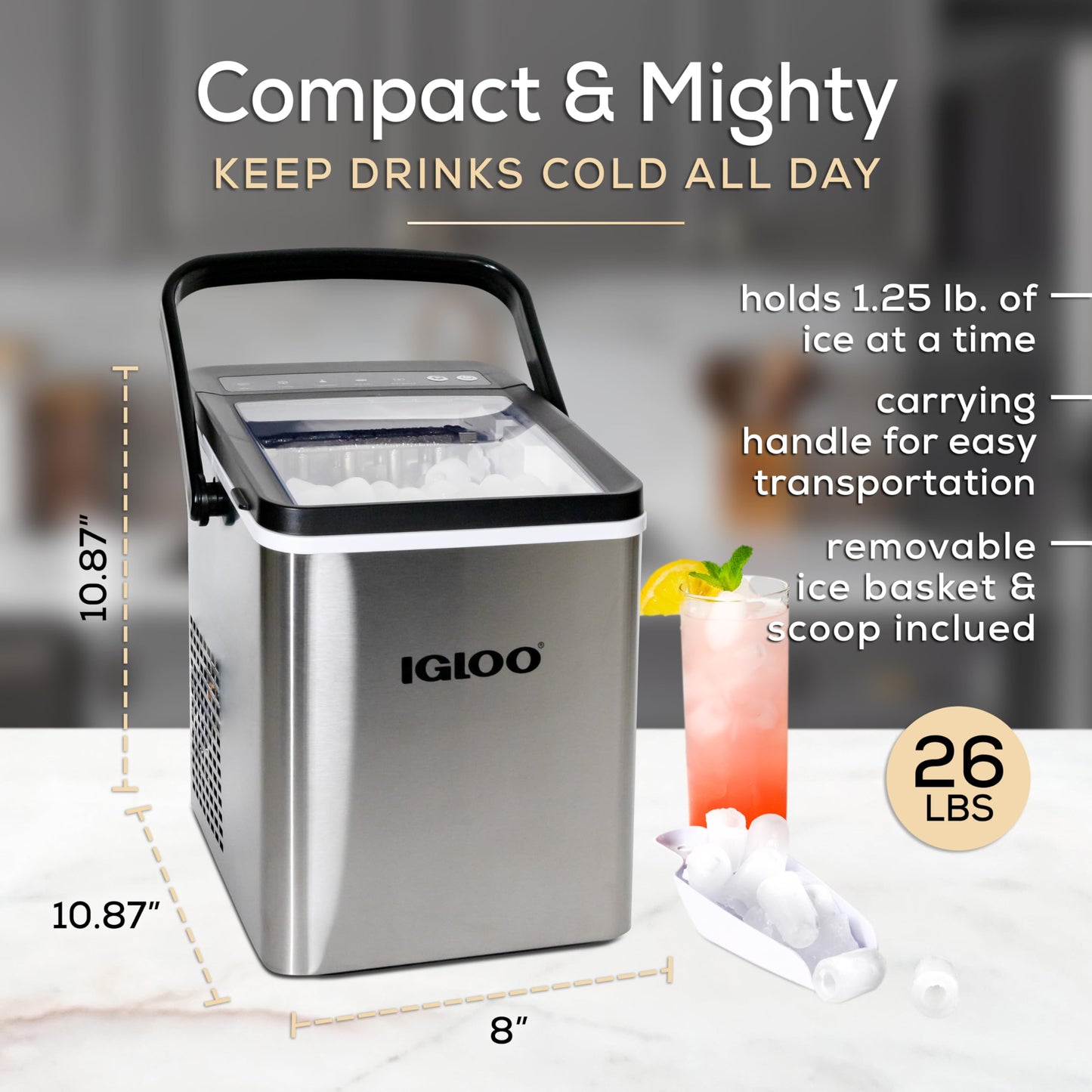Igloo Automatic Self-Cleaning Portable Electric Countertop Ice Maker Machine with Handle, 26 Pounds in 24 Hours, 9 Ice Cubes Ready in 7 Minutes, with Ice Scoop and Basket