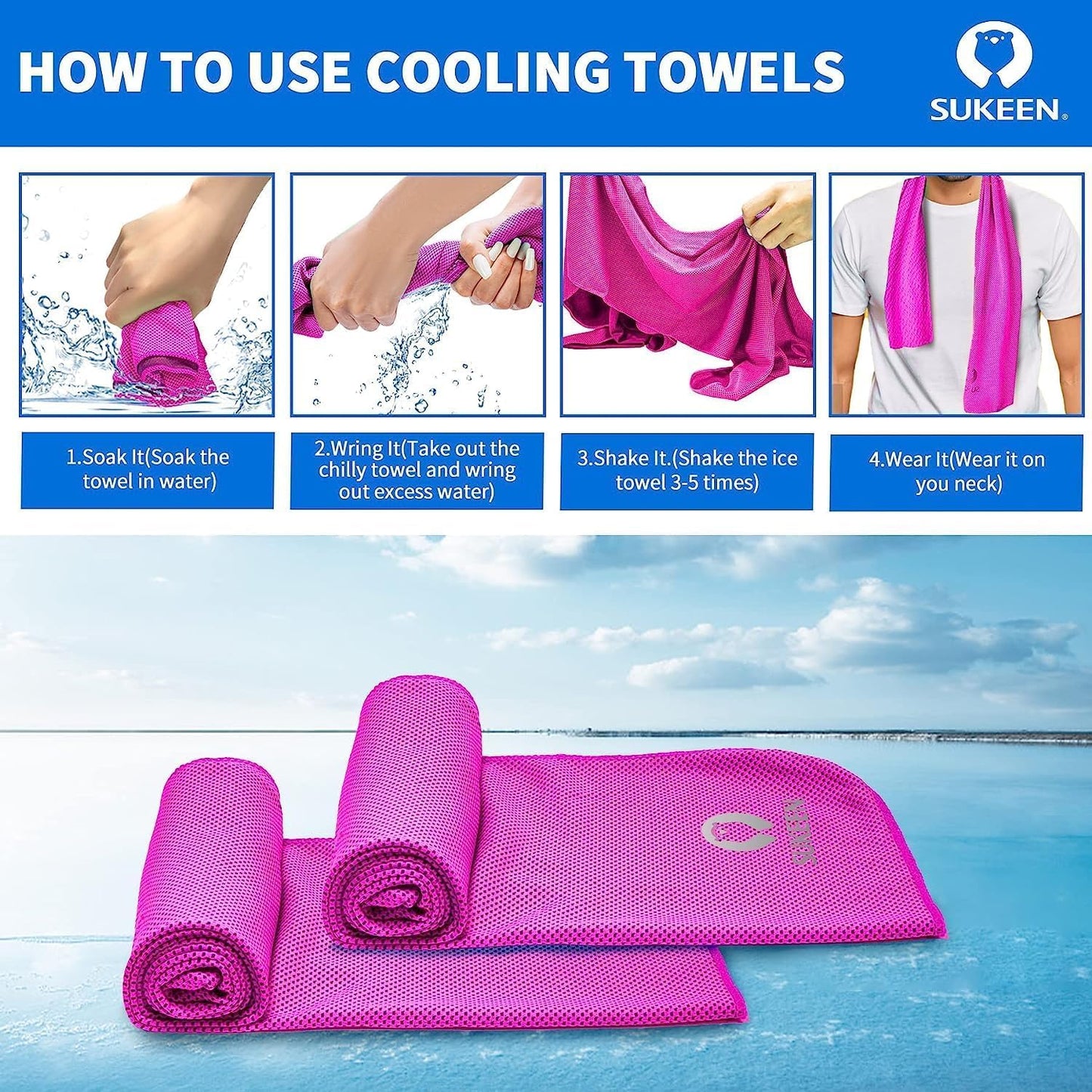 Sukeen 4 Pack Cooling Towels (40"x12") for Neck and Face, Cooling Neck Wraps, Breathable Cooling Towel for Hot Weather, Sweat Towels for Yoga, Sports, Golf, Gym, Camping, Running, Fitness, Workout