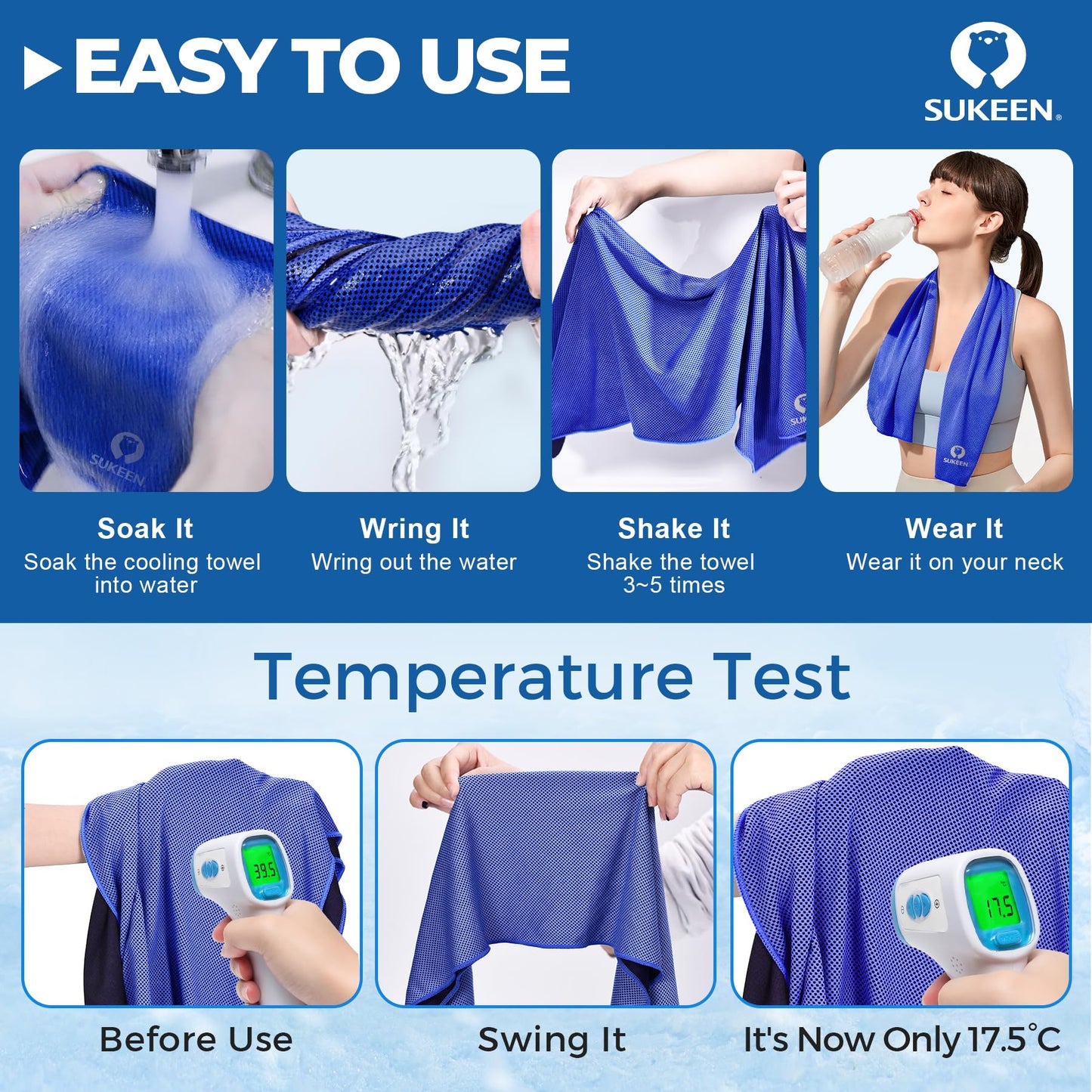 Sukeen Cooling Towels 6 Pack (40"x12"), Cooling Towels for Neck and Face, Quick Dry Sport Camping Cooling Towel, Cold Towel for Hot Weather