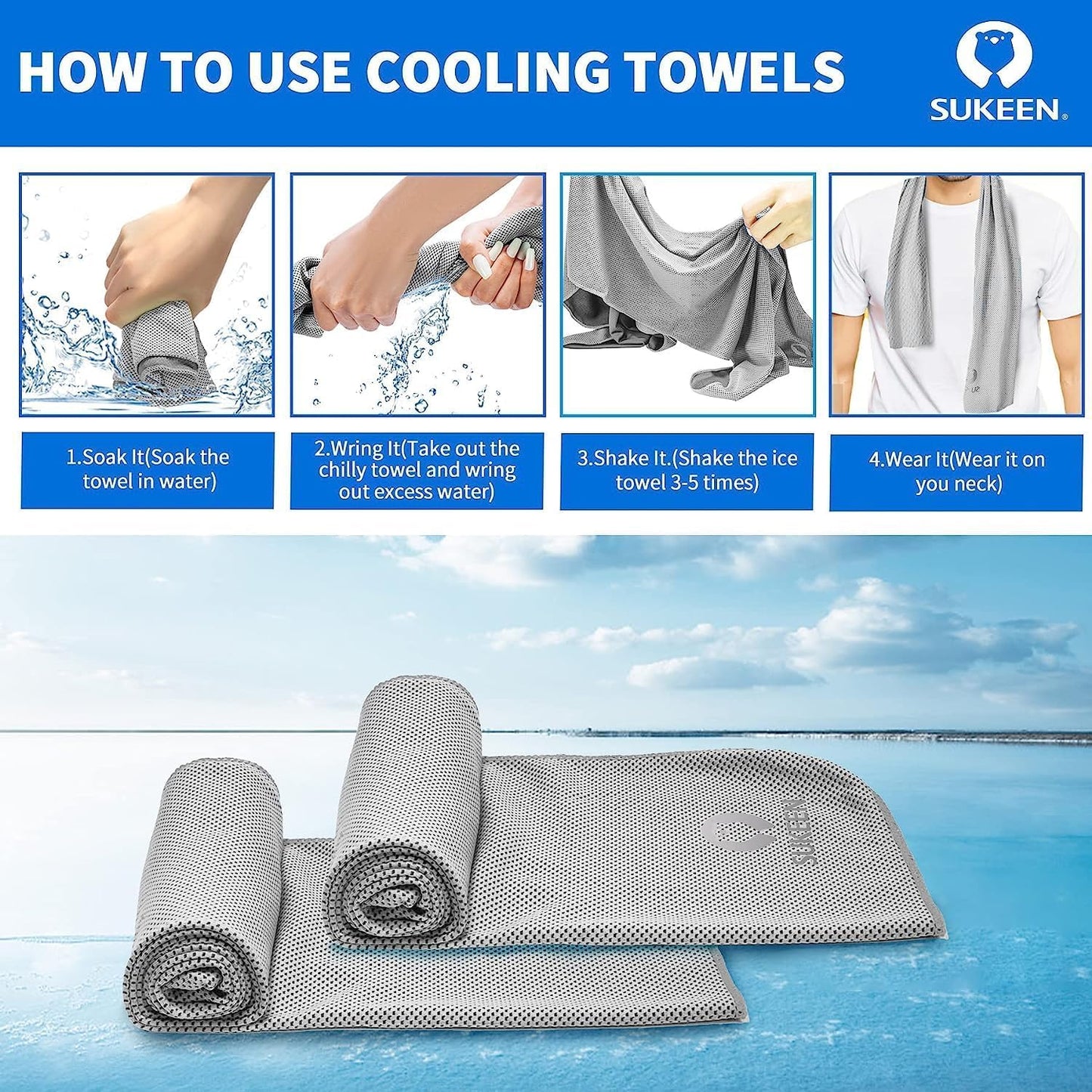 Sukeen 4 Pack Cooling Towels (40"x12") for Neck and Face, Cooling Neck Wraps, Breathable Cooling Towel for Hot Weather, Sweat Towels for Yoga, Sports, Golf, Gym, Camping, Running, Fitness, Workout