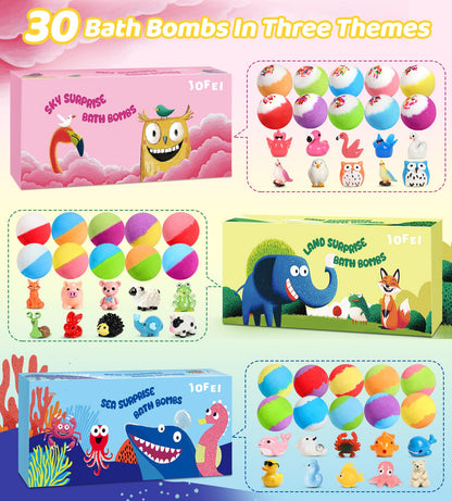 30 Pack Bath Bombs for Kids with Toys Inside, Kids Bath Bombs Gift Set with 30 Sea & Land & Sky Animal Surprise Toy, Child-Safe Natural Bubble Bath Toys, Birthday Gifts for Kids Boys Girls