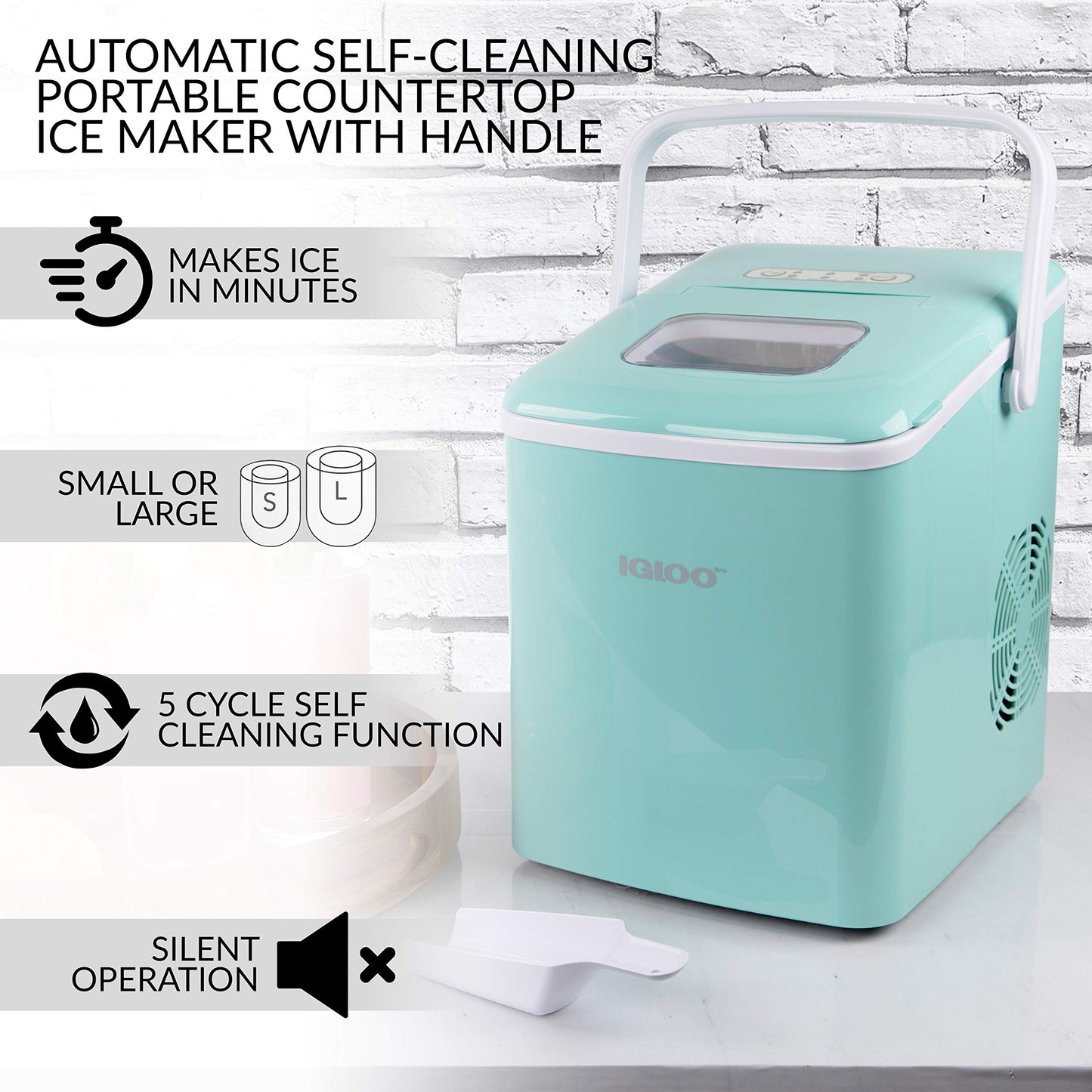 Igloo Automatic Self-Cleaning Portable Electric Countertop Ice Maker Machine with Handle, 26 Pounds in 24 Hours, 9 Ice Cubes Ready in 7 Minutes, with Ice Scoop and Basket