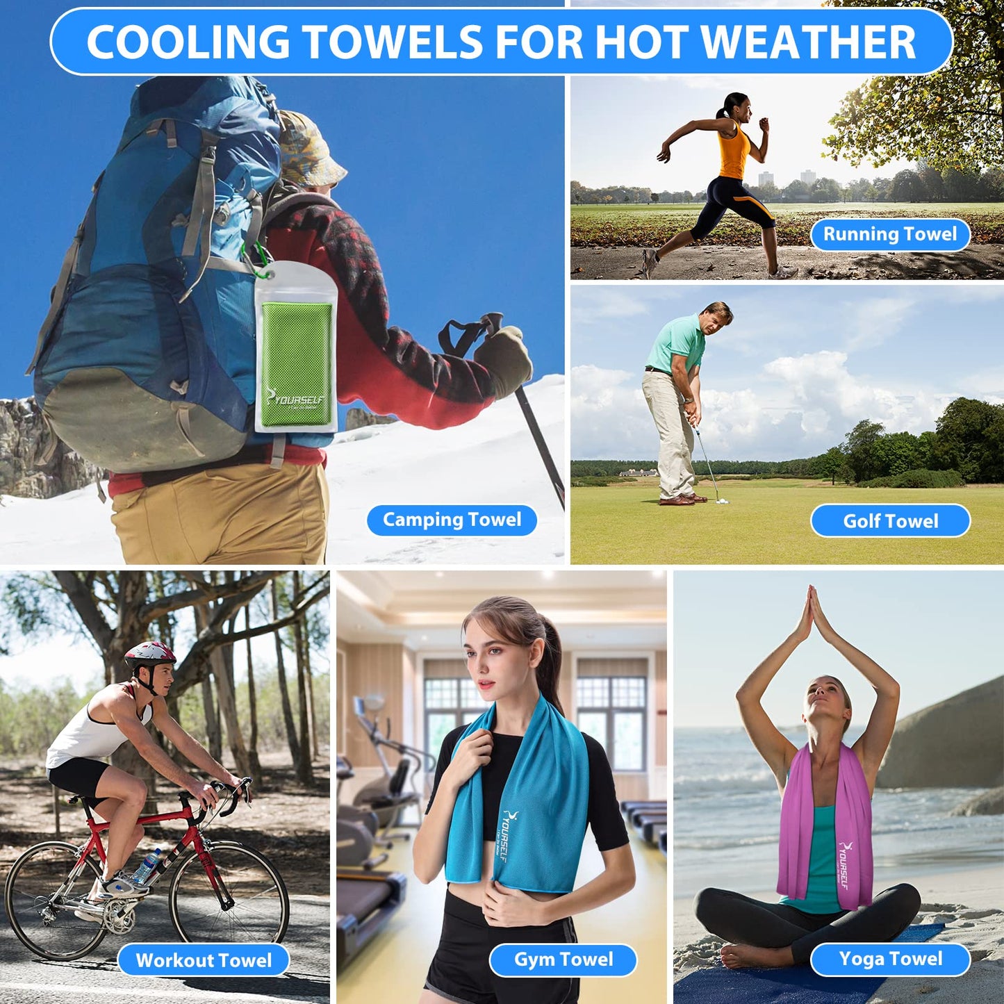 SYOURSELF Cooling Towels for Neck and Face, 4 Pack 40" x 12" Cooling Towel for Hot Weather, Soft Breathable Instant Cool Chilly Pad for Sports Golf Yoga Gym Athletes Camping Ice Towels(Mix-4pcs)