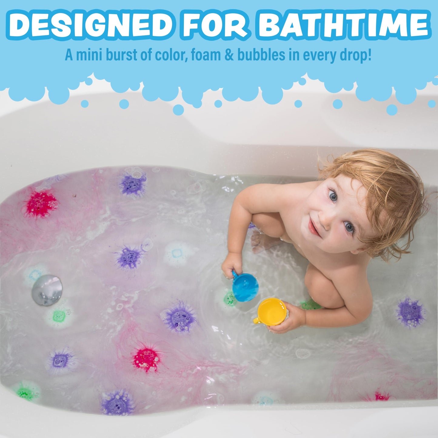 Tub Works® Lil' Bursts™ Mini Bath Bombs for Kids, 90 Count, Rainbow | Nontoxic | Tiny Kids Bath Bombs with A Burst of Color, Foam & Bubbles | Customize Toddler Bath with 7 Colors | Make Bathtub Art