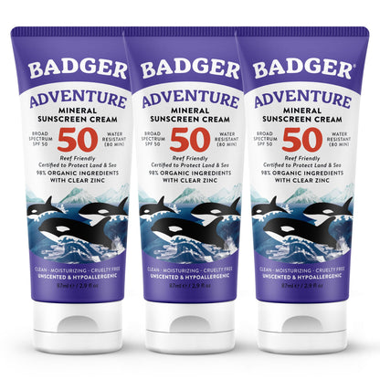 Badger Reef Safe Mineral Sunscreen, SPF 50, 98% Organic with Zinc Oxide, Non Toxic, Water Resistant, Unscented & Hypoallergenic, Broad - Spectrum, For Adventure & Sport, 2.9 fl oz