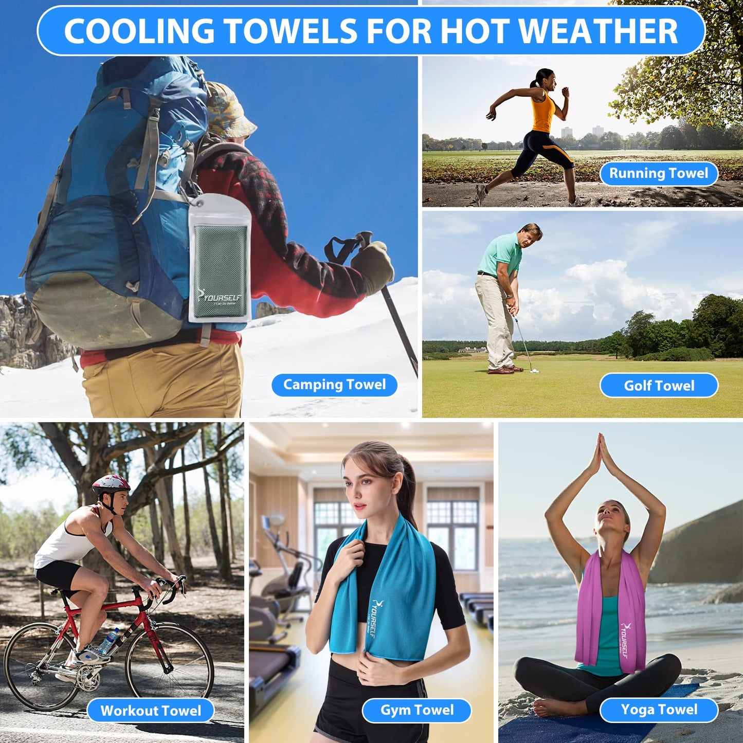SYOURSELF Cooling Towels for Neck and Face, 4 Pack 40" x 12" Cooling Towel for Hot Weather, Soft Breathable Instant Cool Chilly Pad for Sports Golf Yoga Gym Athletes Camping Ice Towels(Mix-4pcs)