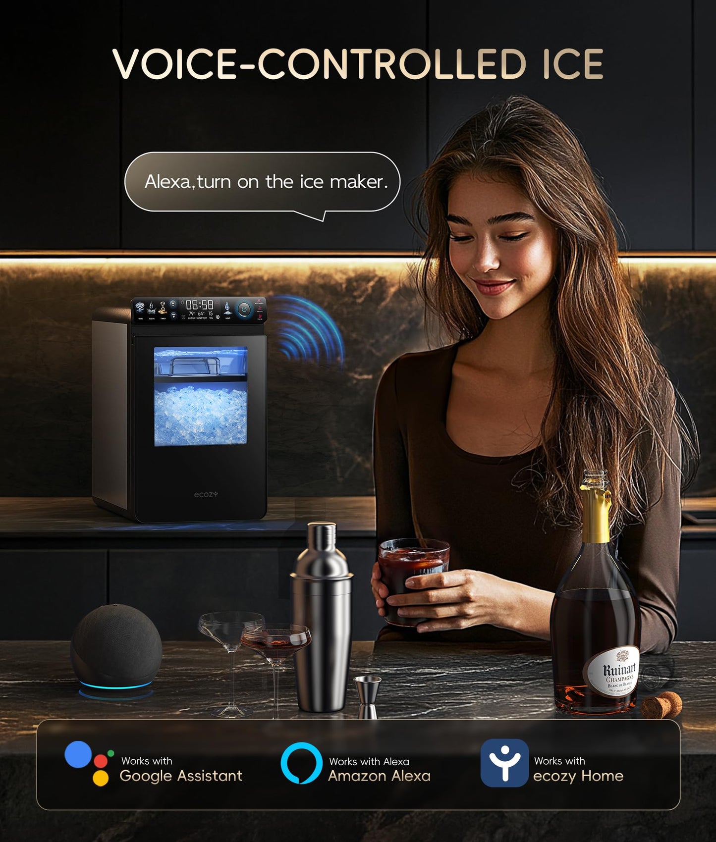 ecozy Portable Ice Cube Maker Countertop, 45 Lbs/Day, Self-Cleaning | Makes 24 Ice Cubes in Just 13 Mins, Perfect for Home, Kitchen, Bar, Office and RV, Stainless Steel