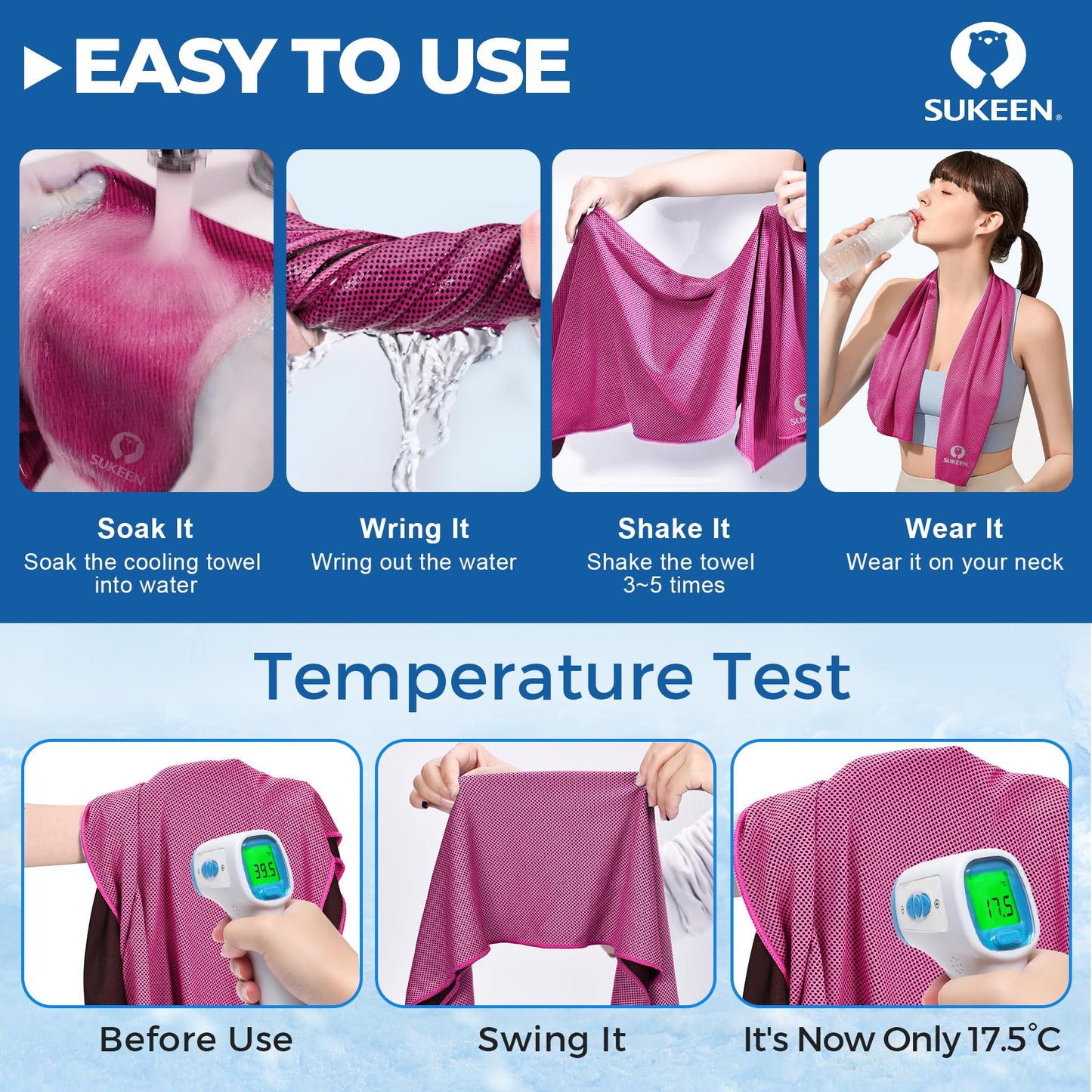 Sukeen Cooling Towels 6 Pack (40"x12"), Cooling Towels for Neck and Face, Quick Dry Sport Camping Cooling Towel, Cold Towel for Hot Weather
