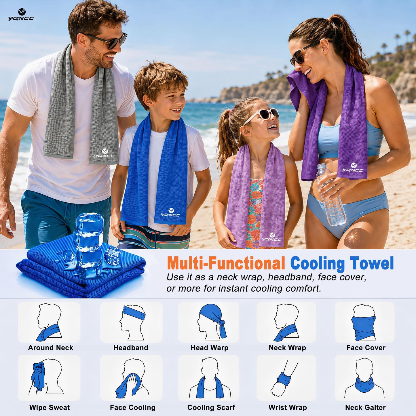YQXCC 4 Pack Cooling Towels (40"x12"), Cool Neck Towel, Soft Breathable Microfiber for Gym, Yoga, Golf, Running, Camping & Summer Outdoor Activities
