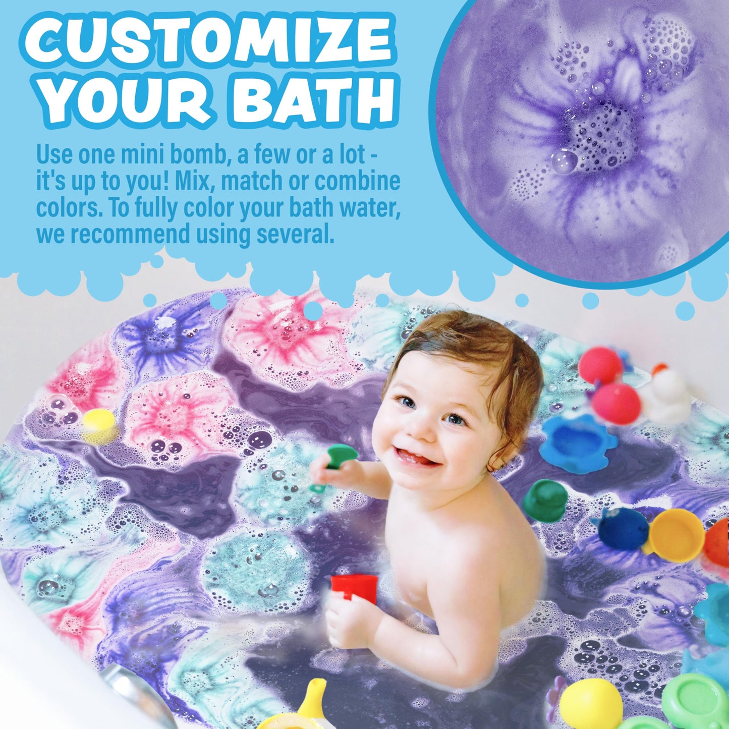 Tub Works® Lil' Bursts™ Mini Bath Bombs for Kids, 90 Count, Rainbow | Nontoxic | Tiny Kids Bath Bombs with A Burst of Color, Foam & Bubbles | Customize Toddler Bath with 7 Colors | Make Bathtub Art