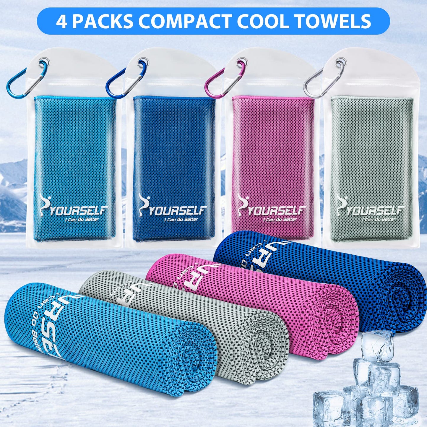 SYOURSELF Cooling Towels for Neck and Face, 4 Pack 40" x 12" Cooling Towel for Hot Weather, Soft Breathable Instant Cool Chilly Pad for Sports Golf Yoga Gym Athletes Camping Ice Towels(Mix-4pcs)