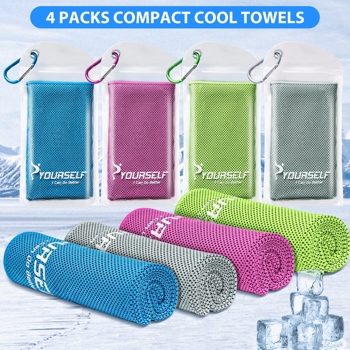 SYOURSELF Cooling Towels for Neck and Face, 4 Pack 40" x 12" Cooling Towel for Hot Weather, Soft Breathable Instant Cool Chilly Pad for Sports Golf Yoga Gym Athletes Camping Ice Towels(Mix-4pcs)